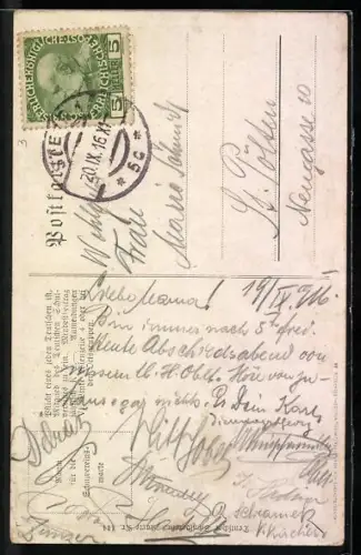 AK Deutscher Schulverein NR 444: Mit der Fiedel auf dem Nacken, Wandermusiker zieht in eine Stadt ein