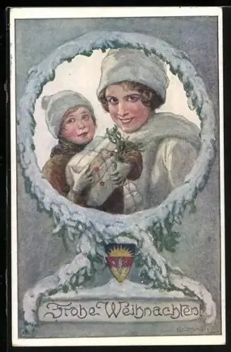 AK Deutscher Schulverein Nr. 405: Mutter und Kind mit Geschenk, Weihnachtsgruss