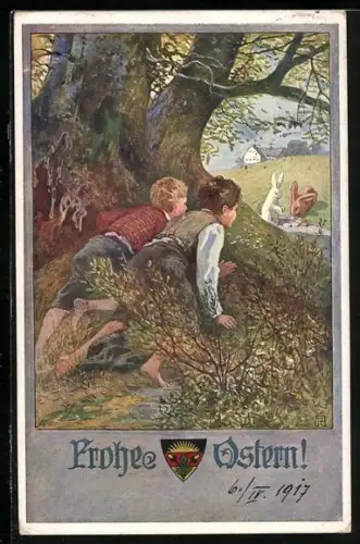 AK Deutscher Schulverein Nr. 573: Zwei Jungen beobachten Osterhasen, Ostergruss