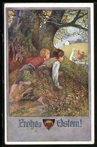 AK Deutscher Schulverein Nr. 573: Zwei Jungen beobachten Osterhasen, Ostergruss