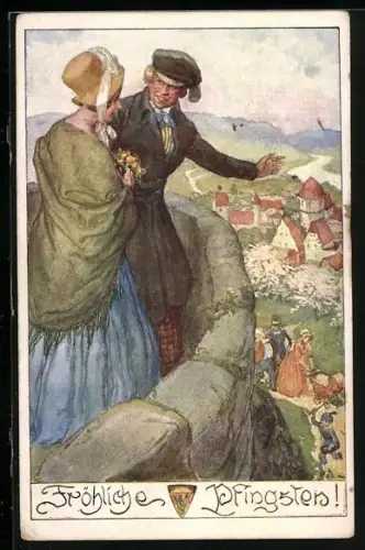 AK Deutscher Schulverein NR 578: Liebespaar guckt vom Turm herab, Pfingsten