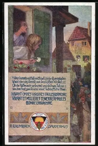 Künstler-AK Deutscher Schulverein Nr. 238: Mädchen am Fenster schauen auf die jungen Burschen