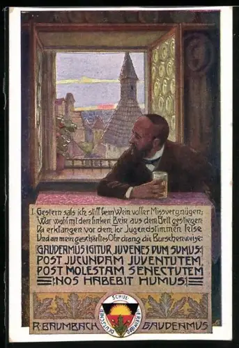 AK Deutscher Schulverein Nr. 236: Gestern sass ich still beim Wein...!, Mann schaut zum Fenster heraus