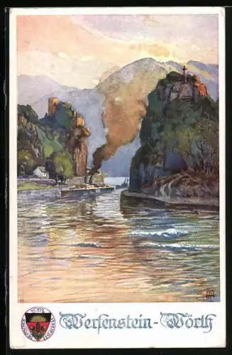 Künstler-AK Werfenstein-Wörth, Dampfer passiert die Ortschaft bei Sonnenuntergang, Deutscher Schulverein