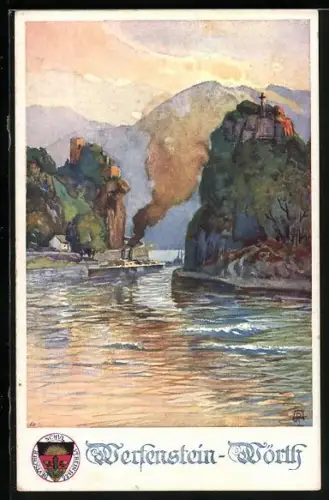 Künstler-AK Werfenstein-Wörth, Dampfer passiert die Ortschaft bei Sonnenuntergang, Deutscher Schulverein