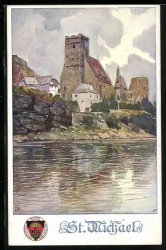 AK Deutscher Schulverein NR 297: St. Michael, Ortsansicht mit Kirche vom Wasser aus