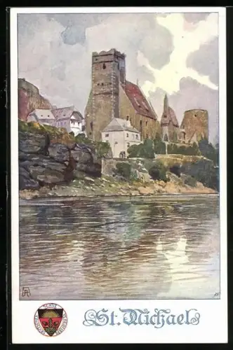 AK Deutscher Schulverein NR 297: St. Michael, Ortsansicht mit Kirche vom Wasser aus