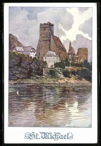 AK Deutscher Schulverein NR 297: St. Michael, Ortsansicht mit Kirche vom Wasser aus