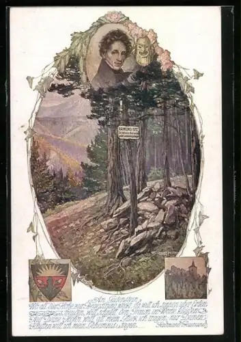AK Deutscher Schulverein NR. 901: Gedicht An Gutenstein von Ferdinand Raimund, Raimund-Sitz mit Portrait