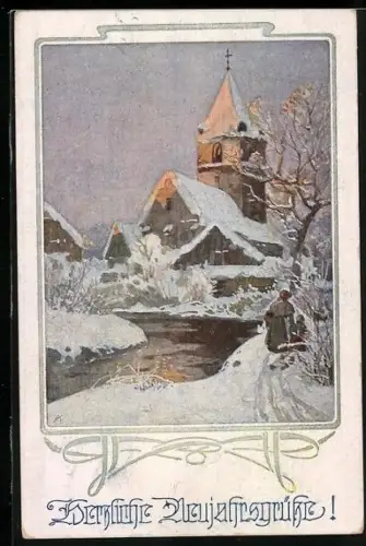 AK Deutscher Schulverein Nr. 950: Ortspartie im Schnee, Neujahrsgruss