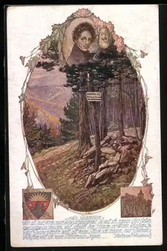 AK Deutscher Schulverein Nr. 901: An Gutenstein, Wo all dies Hohe zur Begeisterung weckt.., Waldpartie und Ruine