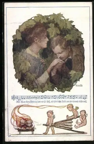 AK Deutscher Schulverein Nr. 906: Liebespaar, Amoretten und Noten: Kein Feure, keine Kohle tut brennen...