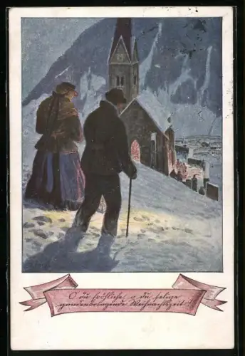 AK Deutscher Schulverein NR. 2014: R. Kargl: Lied O du fröhliche, Paar geht zum Gottesdienst am Heiligabend
