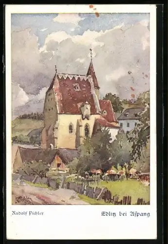 AK Deutscher Schulverein NR. 1558: Edlitz bei Aspang, Ortspartie bei der Kirche