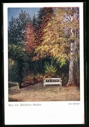 AK Deutscher Schulverein Nr. 1386: Gartenpartie mit Bank im Herbst