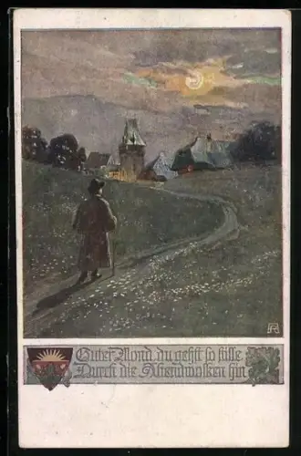 Künstler-AK Deutscher Schulverein Nr. 1075: Wanderer auf dem Weg in den Ort