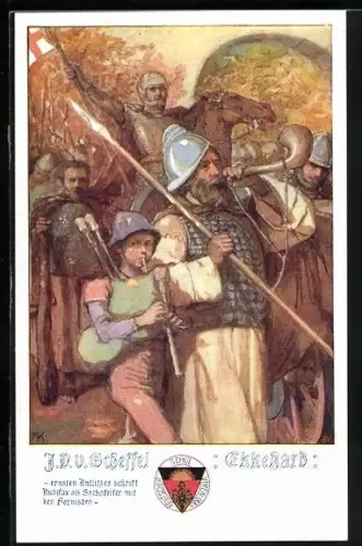 AK Deutscher Schulverein NR: 489, Scheffel Ekkehard, Audifax als Sackpfeifer mit den Hornisten