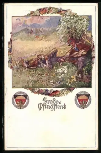 AK Deutscher Schulverein Nr. 483: Pfingstgruss, Wanderer rasten unter einem Baum