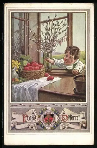 AK Deutscher Schulverein Nr. 470: Frohe Ostern!, Junge versucht Ei zu stehlen
