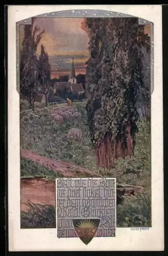 AK Deutscher Schulverein Nr. 1045: Weidende Schafherde mit Blick zur Gemeindekirche