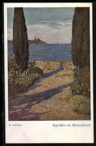 AK Deutscher Schulverein NR. 1094: Zypressen am Meeresstrand