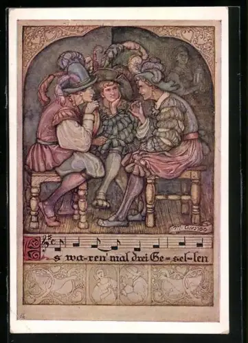 AK Deutscher Schulverein Nr. 1254: Es waren` mal drei Gesellen, Lied mit Noten