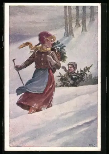 Künstler-AK Deutscher Schulverein NR.1105: Kinder im Schnee mit Tannenbaum