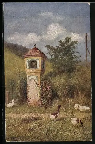 AK Deutscher Schulverein Nr. 1062: Gänse und Enten vor einer Gebetsstelle