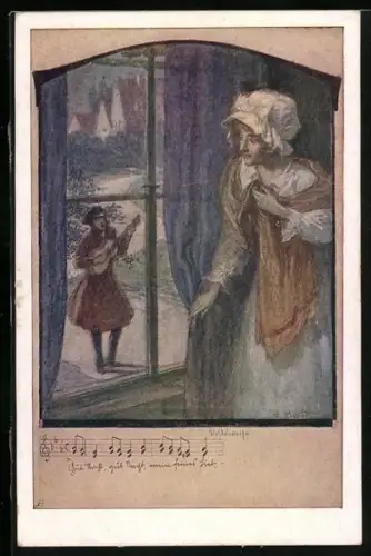 AK Deutscher Schulverein NR: 1220, Musiker vor dem Fenster der Frau