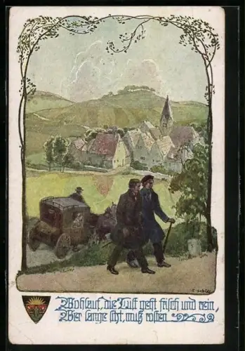 AK Deutscher Schulverein Nr. 916: zwei Wanderer verlassen das Tal während eine Kutsche vorbeifährt
