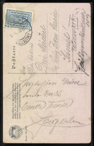 AK Deutscher Schulverein Nr. 916: zwei Wanderer verlassen das Tal während eine Kutsche vorbeifährt