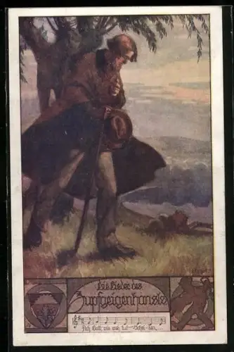 AK Deutscher Schulverein NR: 923, Die Lieder des Zupfgeigenhansle, Wanderer im Gebirge, Notenzeile