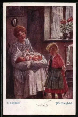 AK Deutscher Schulverein NR 1164: U. Schedlbauer: Mutterglück, Frau wiegt Baby auf dem Schoss, Schwester schaut zu