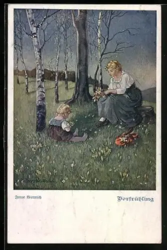 AK Deutscher Schulverein: Vorfrühling, Mutter und Tochter auf Blumenwiese