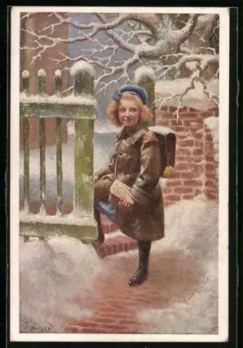 AK Deutscher Schulverein Nr. 1132: Schulmädchen am Tor im Winter