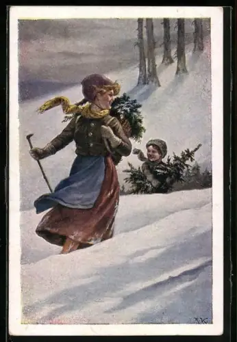 Künstler-AK Deutscher Schulverein NR.1105: Kinder im Schnee mit Tannenbaum