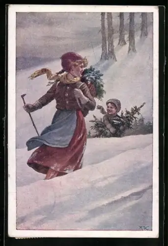 AK Deutscher Schulverein NR. 1105: Mädchen und Junge transportieren Tannenbaum und Tannenzweige