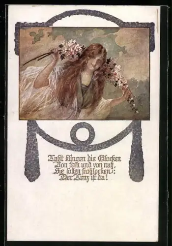 AK Deutscher Schulverein Nr. 1078: Lasst klingen die Glocken, Fräulein mit Blumen
