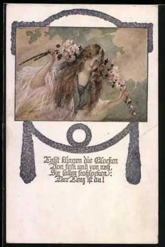 AK Deutscher Schulverein NR 1078: eine junge Frau im langem weissen Kleid mit Blumen in der Hand