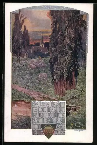 AK Deutscher Schulverein Nr. 1045: Weidende Schafherde mit Blick zur Gemeindekirche