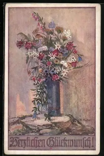 AK Deutscher Schulverein Nr. 1042: Bunter Strauss mit Edelweiss in einer Vase