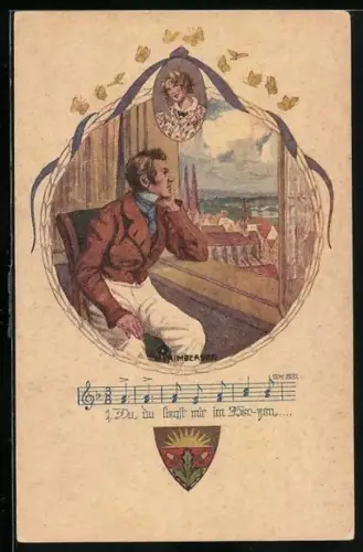 AK Deutscher Schulverein Nr. 1027: Du liegst mir am Herzen!, Mann schaut aus Fenster und denkt an Liebchen