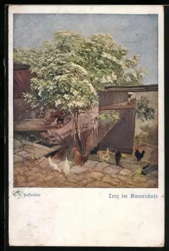 AK Deutscher Schulverein Nr. 1215: Lenz im Bauernhofe von Possanner, Hühner auf dem Hof