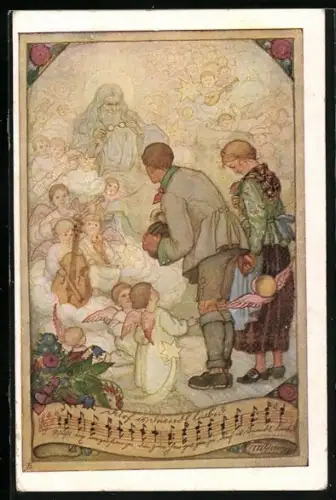 AK Deutscher Schulverein Nr. 1253: Trauerndes Paar vor Gotten und seinen Engeln