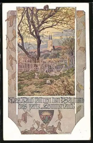 AK Deutscher Schulverein Nr. 1028: Das Laub fällt von den Bäumen..., Ortspartie mit Kirche und Baum