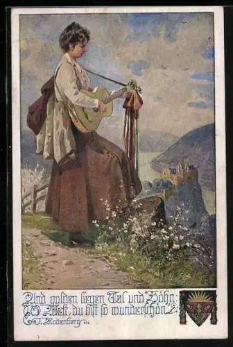 AK Deutscher Schulverein NR: 1071, Frau spielt Gitarre