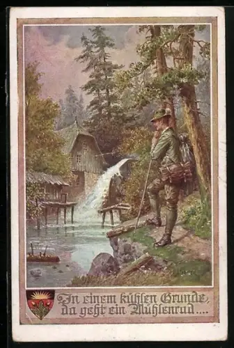 Künstler-AK Kränzle, Deutscher Schulverein Nr. 1149: Wanderer an einer Wassermühle