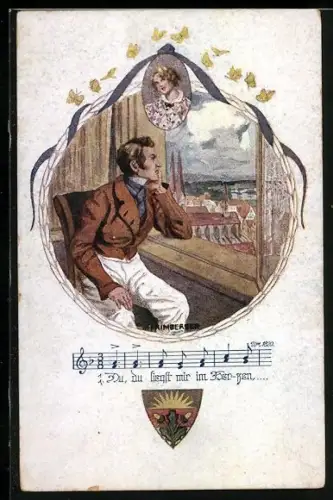 AK Deutscher Schulverein Nr. 1027: Du liegst mir am Herzen!, Mann schaut aus Fenster und denkt an Liebchen