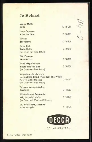 AK Musiker Jo Roland im Portrait, Autograph, Decca Schallplatten
