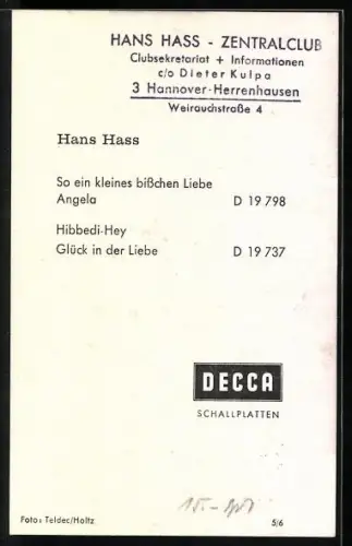AK Musiker Hans Hass, En-face Portrait, Decca Schallplatten, Autograph